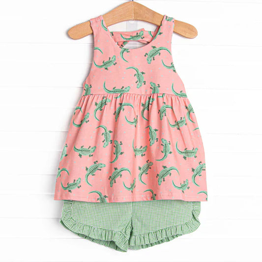 Preorder moq 5 Baby Girls Peach Sleeveless Crocodiles Tunic Green Ruffle Short Set 4.30