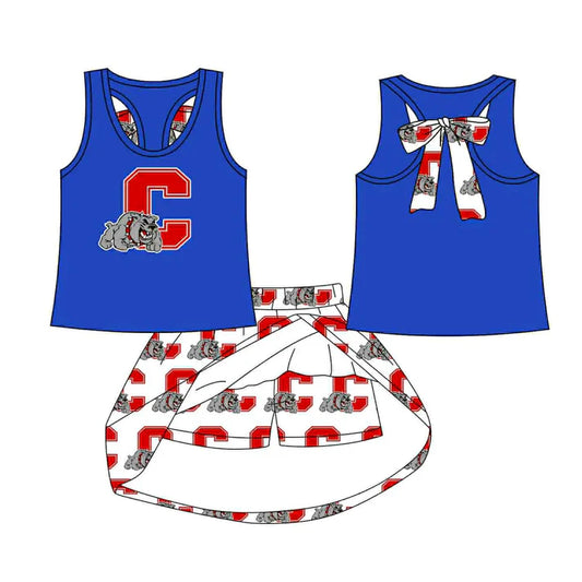 Preorder (moq 5)Baby Girls Blue C Dog bow vest team Top Skirt Skort Sets 8.13