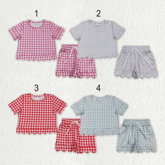 Sibling Baby Girls Colorful Checked Scallop Shirts Top Pockets Short Pajamas Clothes Sets