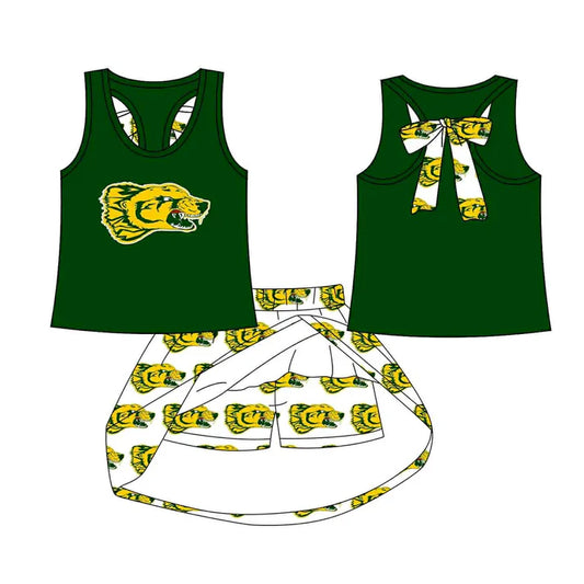 Preorder (moq 5)Baby Girls Green Leopard vest team Top Skirt Skort Sets 8.13