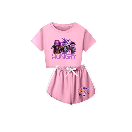Preorder(moq 5) Baby Girls Cartoon Girls Hungry Top Shorts Light Pink Clothes Sets 10.4