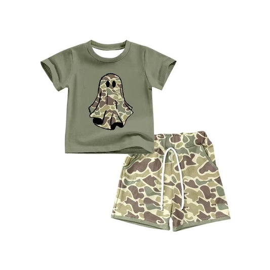 Preorder(moq 5) Baby Boys Green Halloween Ghost camo Top Shorts Outfits Sets 8.14