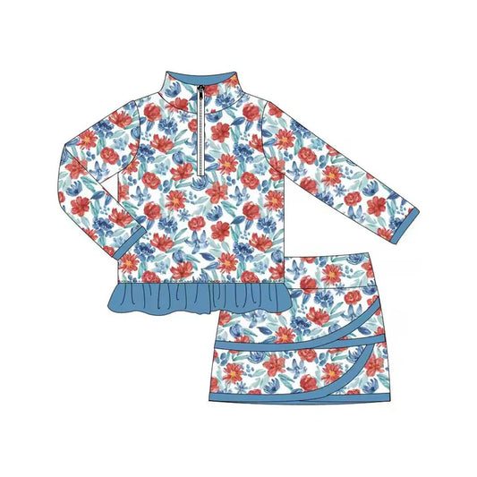 Preorder (moq 5)Baby Girls Colorful Flowers Zipper Ruffle Pullover Top Skirt Shorts Clothes Sets 1.7
