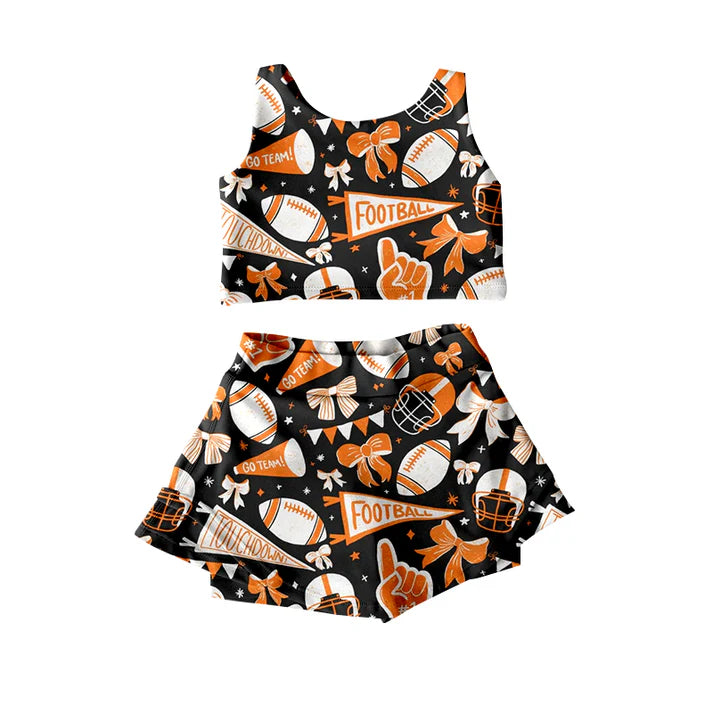 Preorder moq 5 Baby Girls Sleeveless Orange Football Cheer Plaid Vest Top Skorts Team Set 7.11