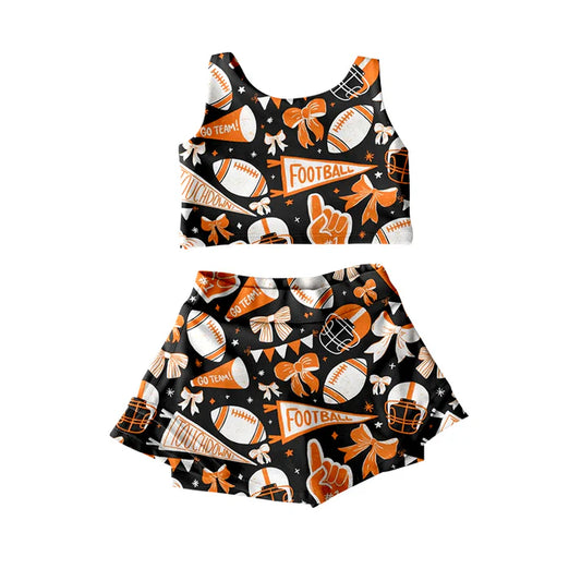 Preorder moq 5 Baby Girls Sleeveless Orange Football Cheer Plaid Vest Top Skorts Team Set 7.11