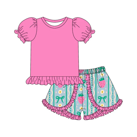 Preorder moq 5 Baby Girls Pink Short Ruffle Sleeves Tunic Strawberry Bows Ruffle Short Set 4.17