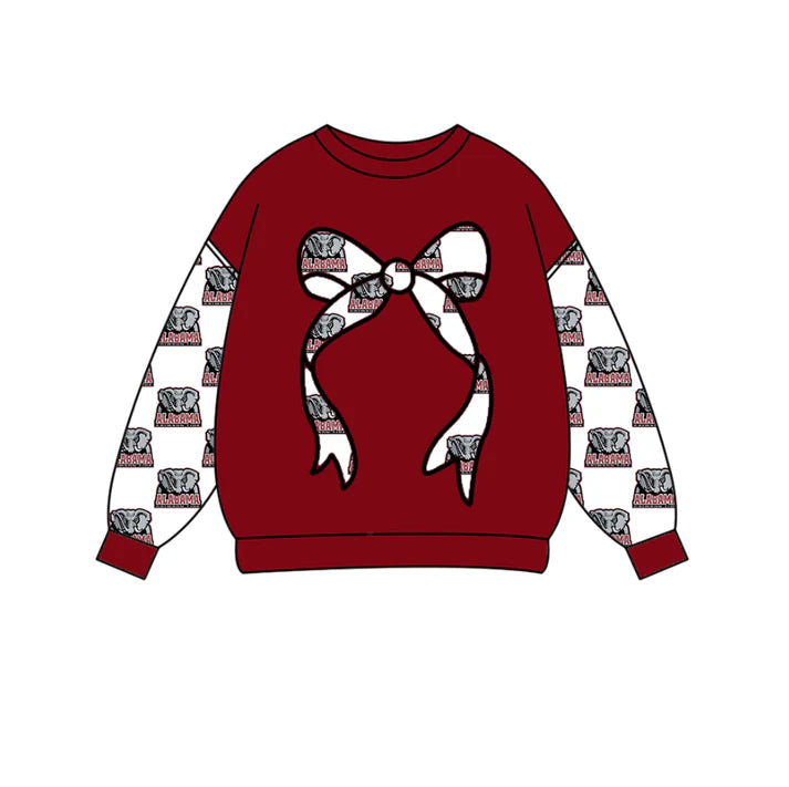 Preorder Moq 5 Baby Girls Dark Red Long Sleeve Alabama Bows Team Tee Shirts Top 10.16