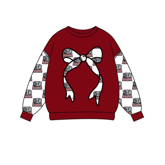 Preorder Moq 5 Baby Girls Dark Red Long Sleeve Alabama Bows Team Tee Shirts Top 10.16