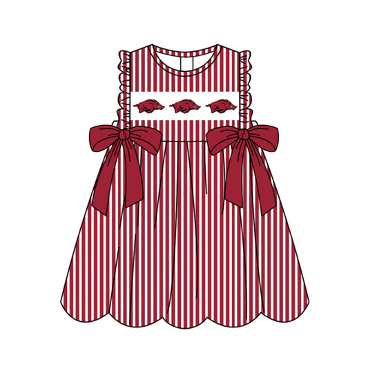 Preorder (moq 5)Baby Girls Sleeveless Red Stripe Bulls Bows Team Knee Length Dresses 11.25