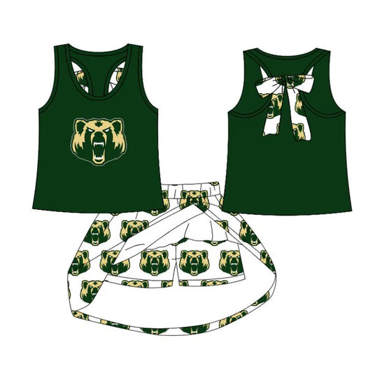 Preorder MOQ 5 Baby Girls Green Bears Plaid Team Top Skort Clothes Sets 8.13