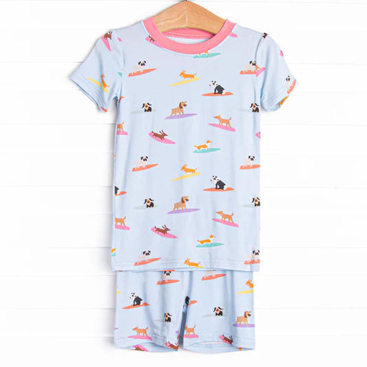 Preorder moq 5 Baby Girls Pink Short Sleeves Dogs Skiing Top Short Pajamas Set 4.30