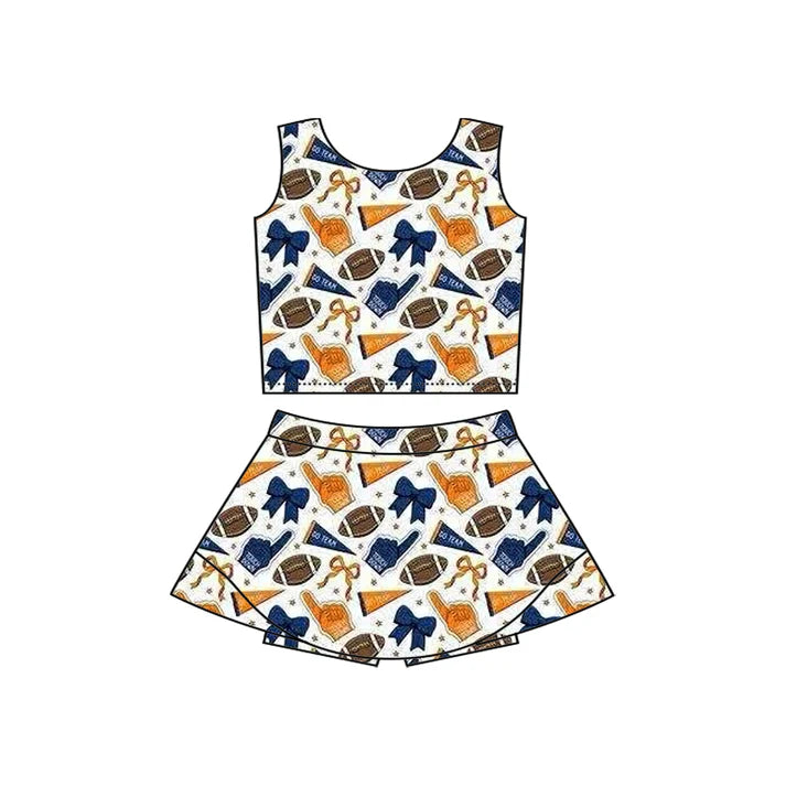 Preorder moq 5 Baby Girls Sleeveless Football Bows Cheer Vest Top Skorts Team Set 7.11