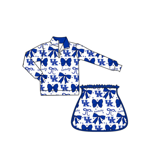 Preorder (moq 5)Baby Girls Blue UK Bows Team Zip Pullovers Skort Team Clothes Sets 8.29
