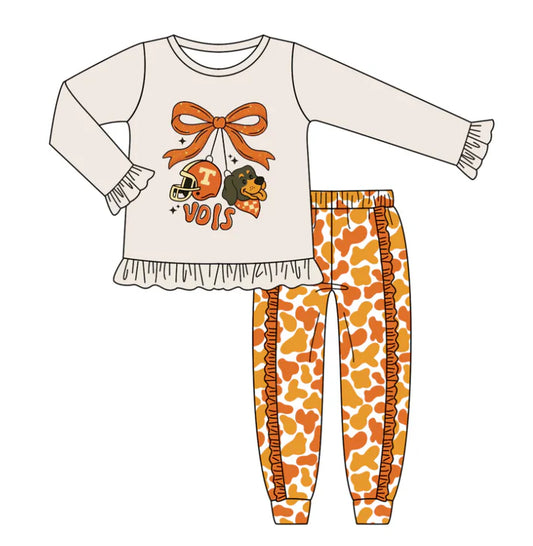 Preorder (moq 5)Baby Girls Grey Tennessee Vols Dog Team Top Ruffle Pants Outfits Sets 8.11