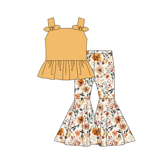Preorder moq 5 Baby Girls Yellow Strap Bows Tunic Flowers Bell Bottom Pants Set 4.30