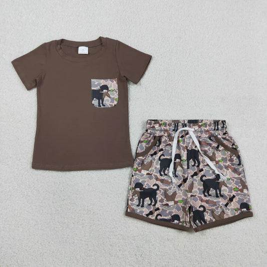 Sibling Baby Boys Brown Top Dog Ducks Camo Pockets Short Hunting Clothes Set Rompers