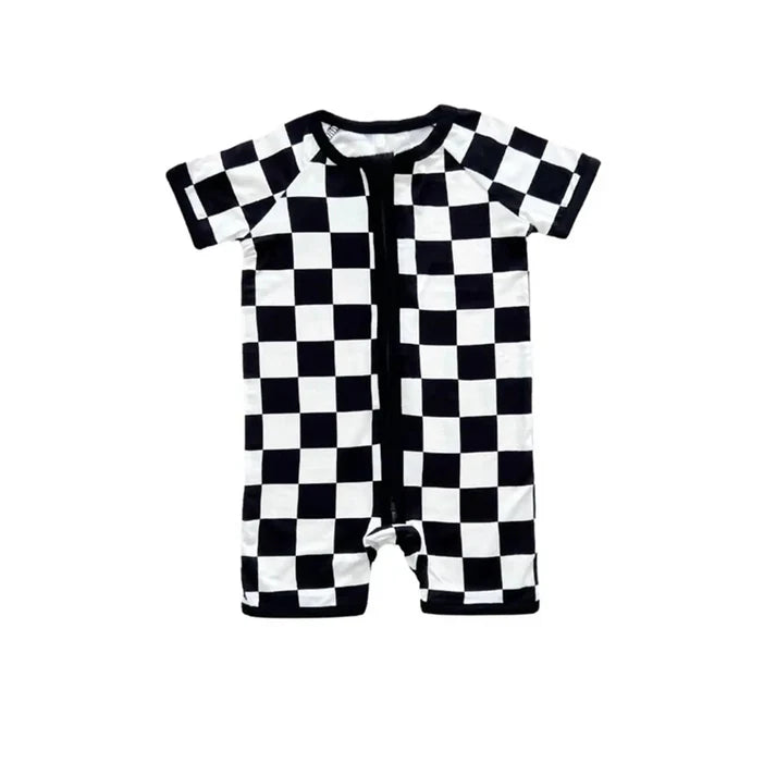 Preorder moq 5 Baby Boys Short Sleeves Black White Plaid Zipper Rompers 4.30