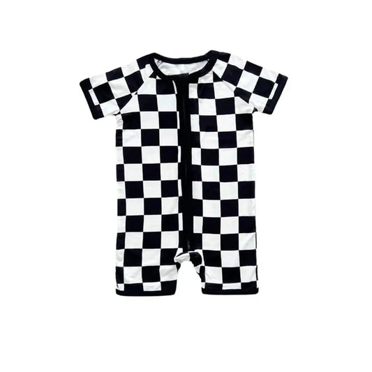 Preorder moq 5 Baby Boys Short Sleeves Black White Plaid Zipper Rompers 4.30