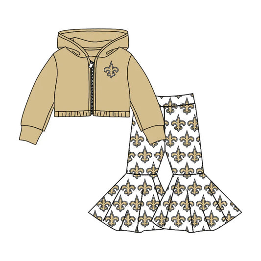 Preorder moq 5 Baby girls Khaki Saint team hooded shirt bell bottom pants sets 7.23