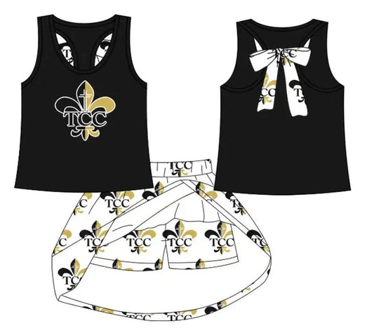 Preorder (moq 5)Baby Girls Black Saints bow vest team Top Skirt Skort Sets 8.13