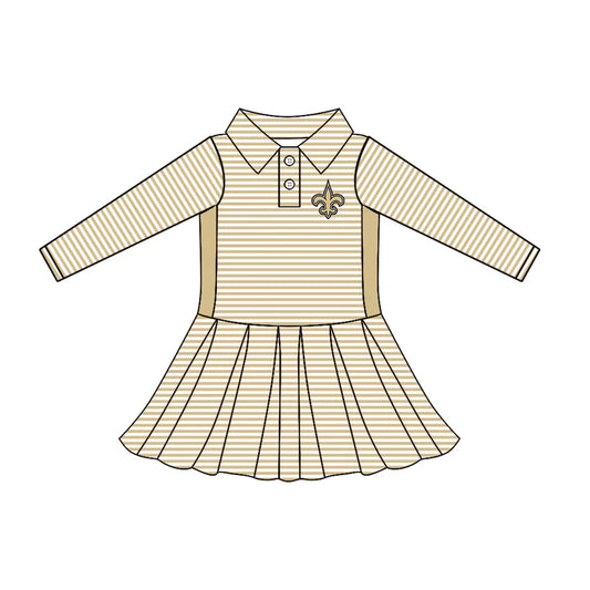 Preorder (moq 5)Baby Girls Long Sleeve Stripe Button Saint Team Knee Length Dresses 7.22