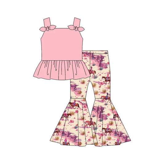 Preorder moq 5 Baby Girls Pink Strap Bows Tunic Horse Rodeos Bell Bottom Pants Set 4.30