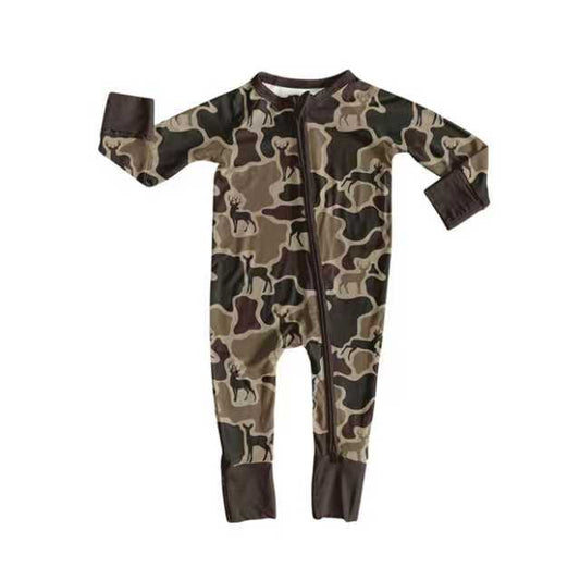Preorder (moq 8)Baby Boys Dark Brown Deer Camo Western Footie Rompers 9.24