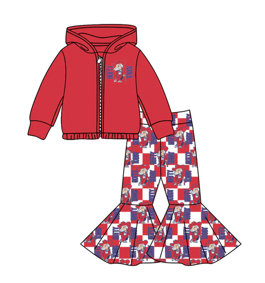 Preorder(moq 5) Baby Girls Red Hotty Toddy Zipper Hoodie Jacket Bell Bottom Pants Team Clothes Sets 11.11