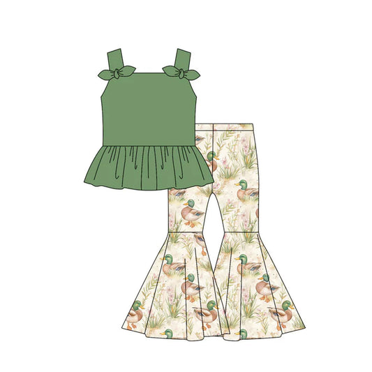 Preorder moq 5 Baby Girls Green Strap Bows Tunic Ducks Bell Bottom Pants Set 4.30