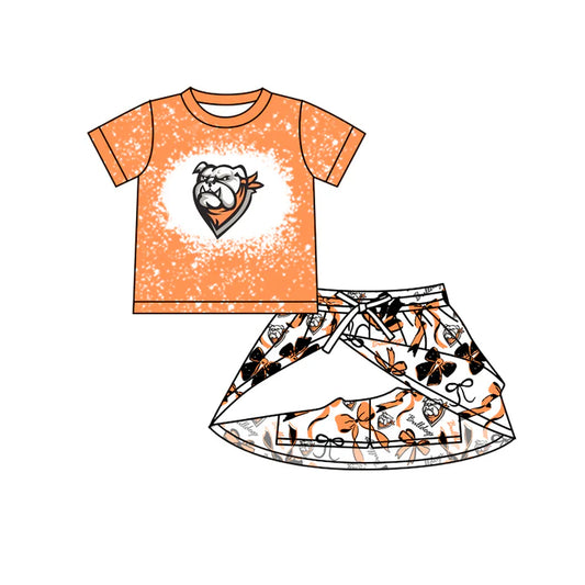Preorder (moq 5)Baby Girls Orange Bulldogs Team Top Bows Skirt Skort Team Sets 6.14