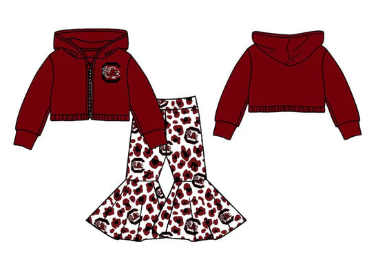 Preorder (moq 5)Baby Girls Red Bulls C Zipper Hoodie Jacket Bell Bottom Pants Team Clothes Sets 9.6