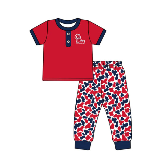 Preorder (moq 5)Baby Boys Red Ole Miss Button Top Camo Pants Team Clothes Sets 11.25