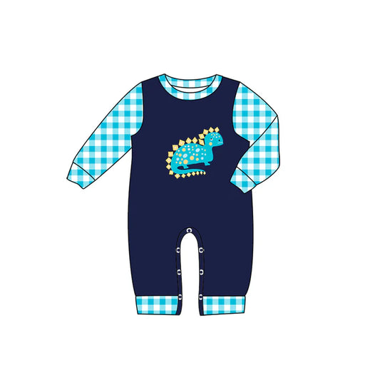 preorder(moq 5)Baby Infant Boys Navy Dinosaurs Checkered Long Sleeve Rompers 7.21