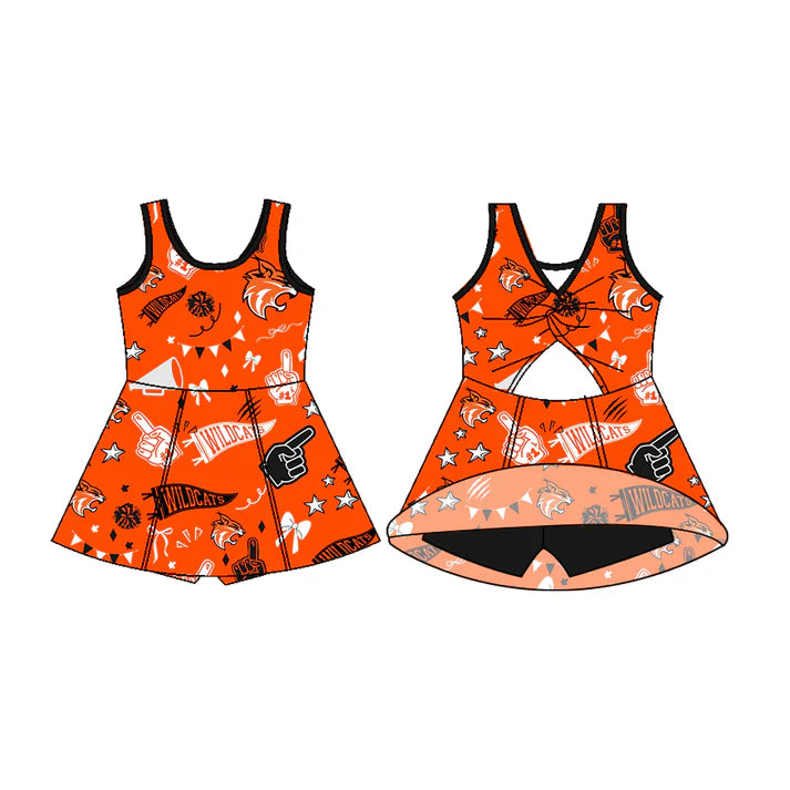 Preorder (moq 5)Baby Girls Sleeveless Orange Wildcats Football Team Shorts Dresses 7.11