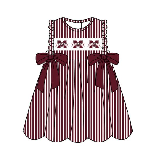 Preorder (moq 5)Baby Girls Sleeveless Dark Red Stripe M State Bows Team Knee Length Dresses 11.25