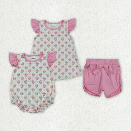 Sibling Baby Girls Park Flowers Checked Top Shorts Clothes Set Ruffle Rompers