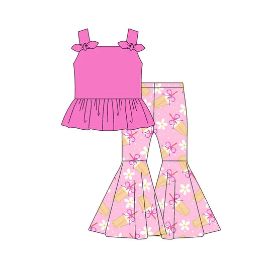 Preorder moq 5 Baby Girls Hot Pink Strap Bows Tunic Flowers Bows Juice Bell Bottom Pants Set 4.30