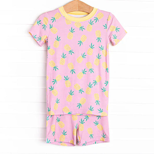 Preorder moq 5 Baby Girls Pink Short Sleeves Pineapple Top Short Pajamas Set 4.30