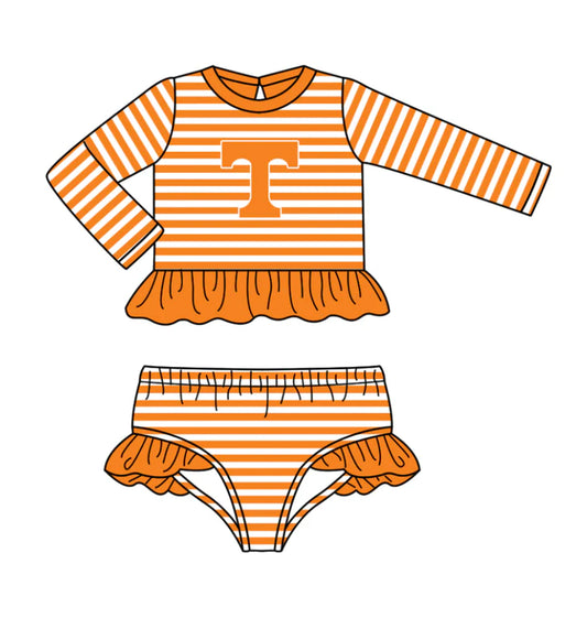 Preorder (moq 5)Baby Girls Orange Stripe T Ruffle Top Bummies Team 2 Piece Swimsuits 12.25