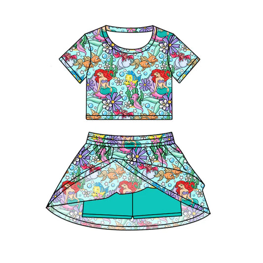 Preorder (moq 5)Baby Girls Mermaid Cartoon Top Skirt Skort Sets 6.19