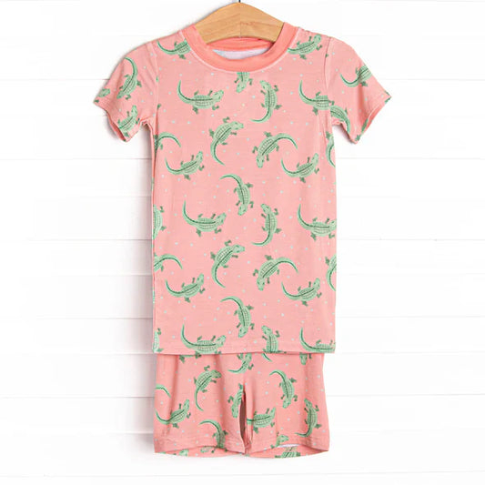Preorder moq 5 Baby Girls Peach Short Sleeves Crocodiles Top Short Pajamas Set 4.30