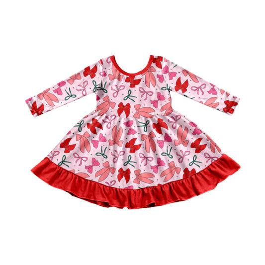 Preorder (moq 8)Baby Girls Green Red Bows Stars Christmas Ruffle Knee Length Dresses 9.17