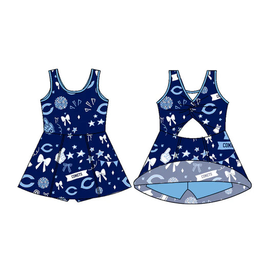 Preorder (moq 5)Baby Girls Sleeveless Comets Navy Bows Football Team Shorts Dresses 7.11
