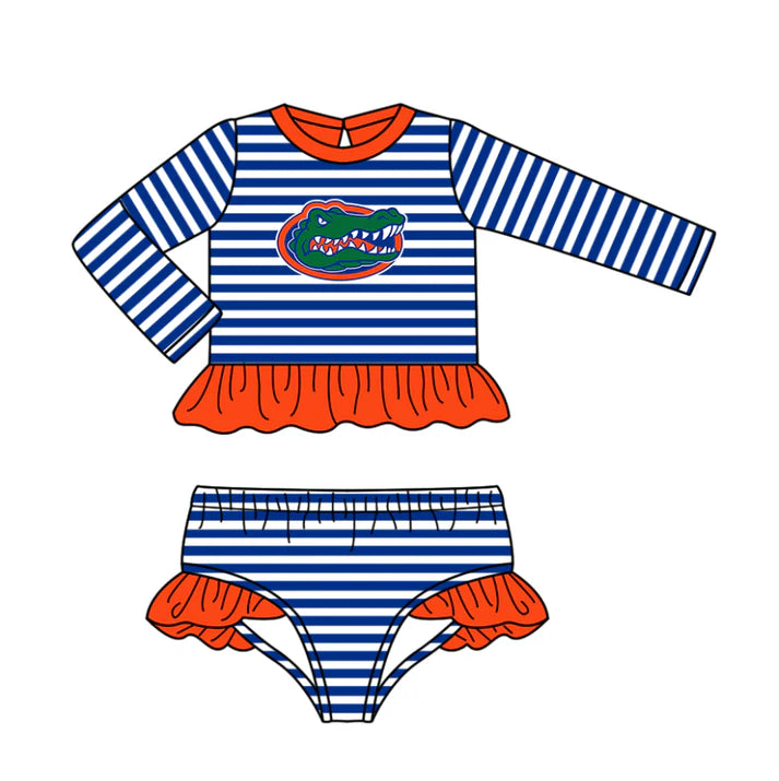 Preorder (moq 5)Baby Girls Blue Stripe Crocodiles Ruffle Top Bummies Team 2 Piece Swimsuits 12.25