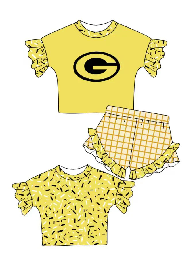 Preorder (moq 5)Baby Girls Yellow Back Sprinkles G Top Checked Ruffle Shorts Team Clothes Set 1.12