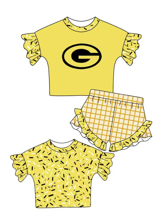 Preorder (moq 5)Baby Girls Yellow Back Sprinkles G Top Checked Ruffle Shorts Team Clothes Set 1.12