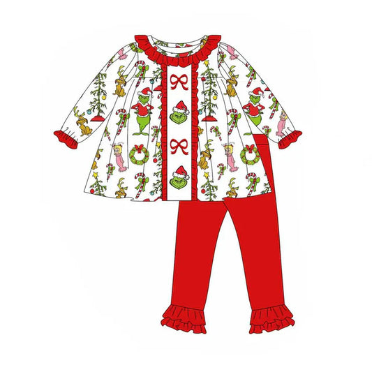 Preorder (moq 8)Baby Girls Candy Cane Green Face Tunic Ruffle Legging Christmas Clothes Set 9.24