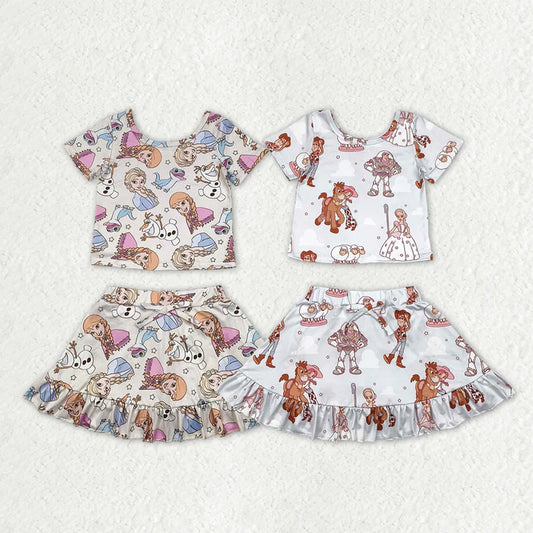 Sibling Baby Girls Short Sleeve Cartoon Princesses Top Ruffle Skirt Short Clothes Sets