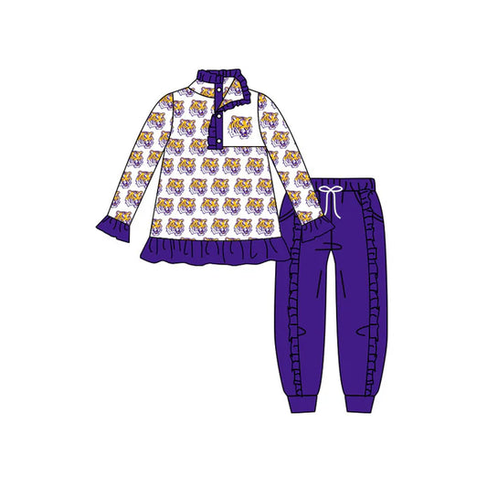 preorder(moq 5) Baby Girls White LSU Tigers Team Long Sleeve Top Ruffle Pants Clothes Sets 7.23