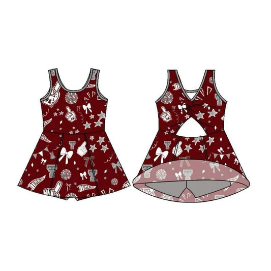 Preorder (moq 5)Baby Girls Sleeveless Red Tigers Football Team Shorts Dresses 7.17